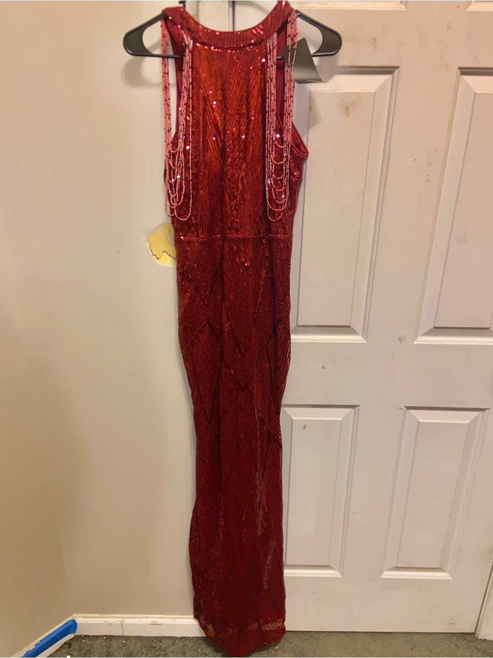 Burgundy Sequin Sleeveless Evening Gown with Beaded Shoulder Drapes